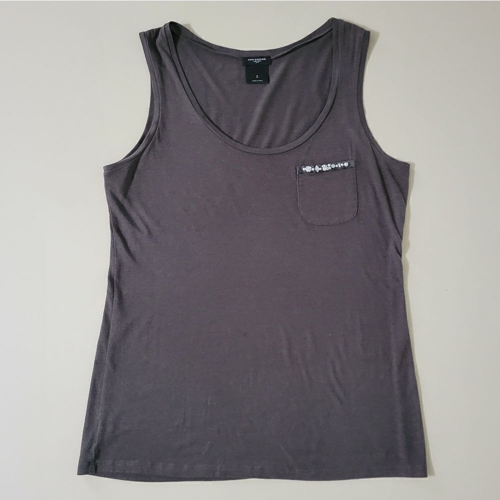 Ann Taylor Brown Embellished Pocket Scoop-neck Tank Top